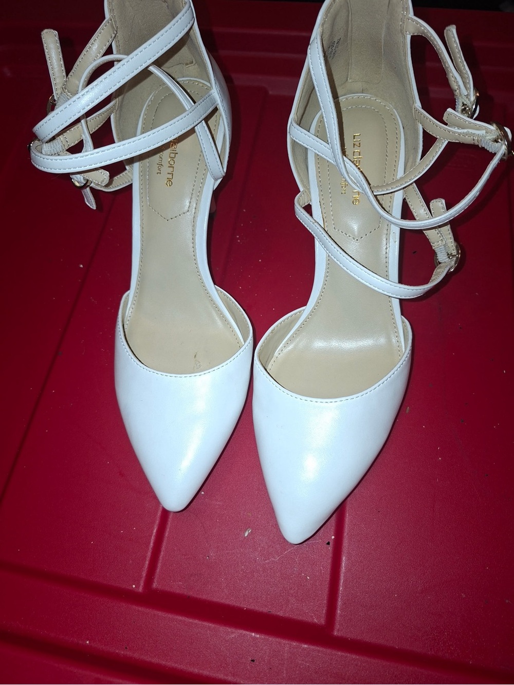Liz Claiborne White Pointed-Strap Ankle Heels